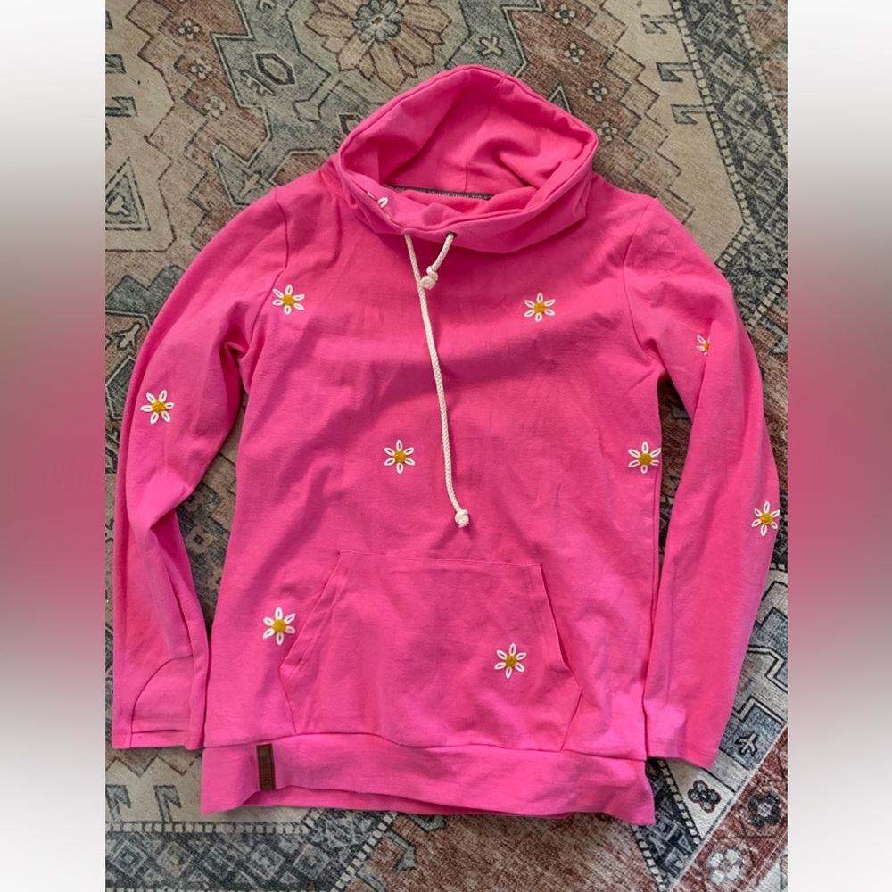 AMPERSAND AVE Pink Daisy Cowl Neck Hoodie Sweater